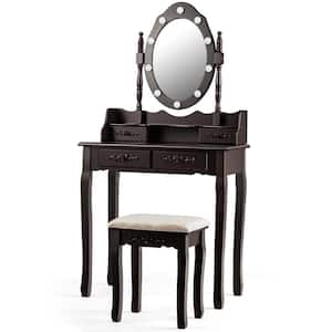 29.5 in. W x 16 in. D x 57.5 in. H Brown Makeup Vanity Dressing Table Set with 10-Dimmable Bulbs Cushioned Stool
