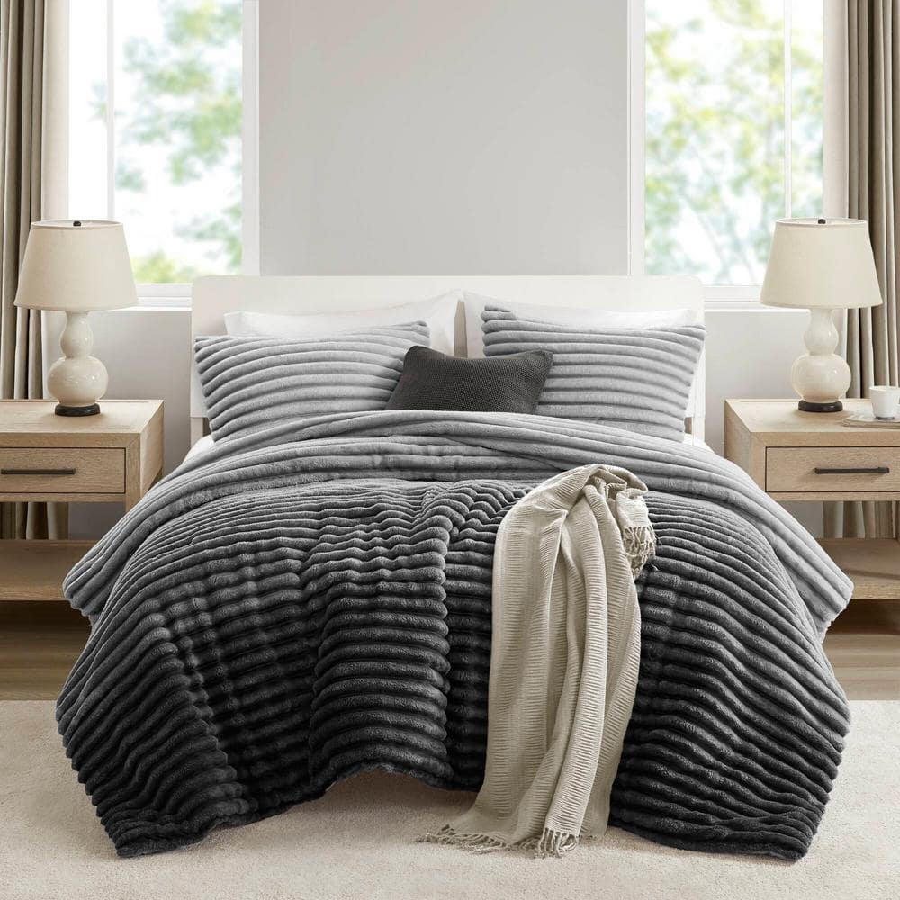 Beautiful GRAY California King deals Reversible Sherpa Flannel Bedding SET