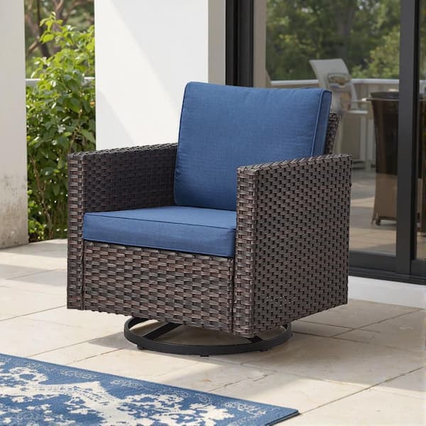Patio Brwon Wicker Outdoor Rocking Swivel Chair Glider with Blue Cushions