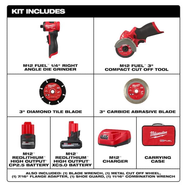 M12 FUEL 12V Lithium-Ion Brushless Cordless 1/4 in. Right Angle Die Grinder Kit w/ Cut Off Saw, Batteries, Charger & Bag