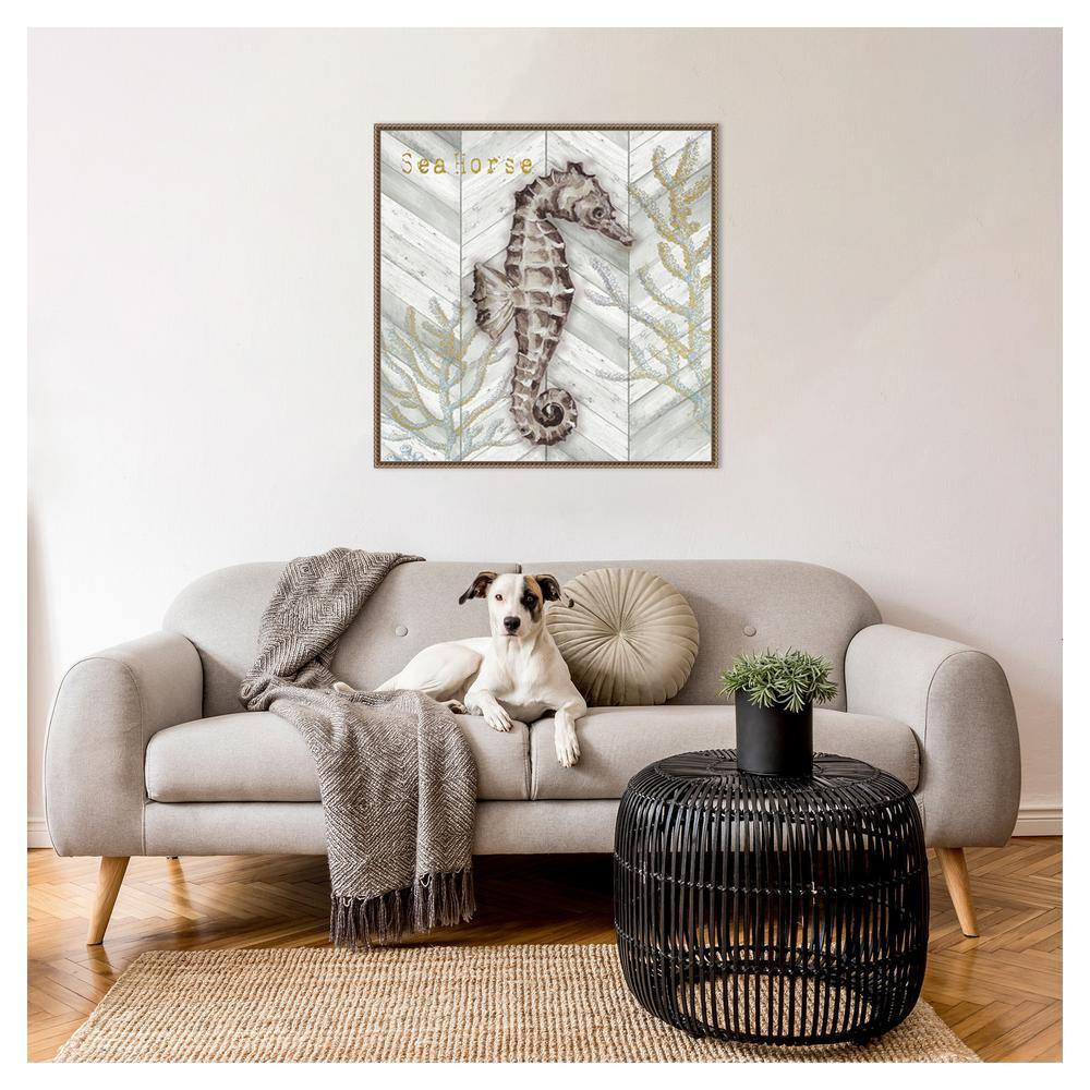 Gray Gold Chevron Seahorse Canvas Wall Art with Bronze Frame