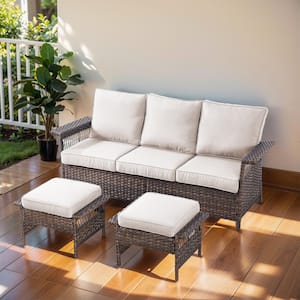 Seagull Collection 3-Piece Wicker Outdoor Patio Seating Conversation Set Sectional Sofa and Ottoman (Beige)