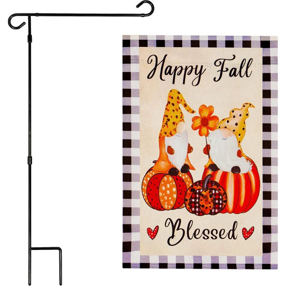 1 ft. x 1.5 ft. Polyester 2 Gnome Sitting on Pumpkins 2-Sided Garden Flag Blockout with 36 in. Black Iron Garden Stand price history on PriceWatchPro