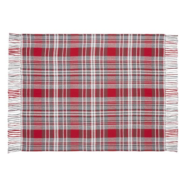 VHC BRANDS Gregor Red Gray White Plaid Woven Throw Blanket 84078