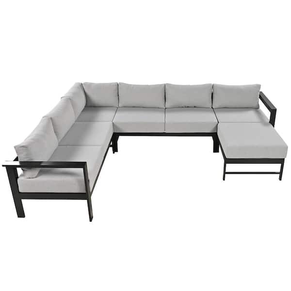 Metal U-shaped Outdoor Sectional Sofa Set with Gray Cushions