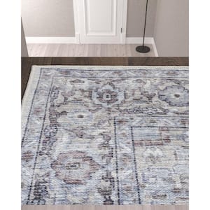 10' Beige and Ivory Floral Power Loom Distressed Washable Runner Rug