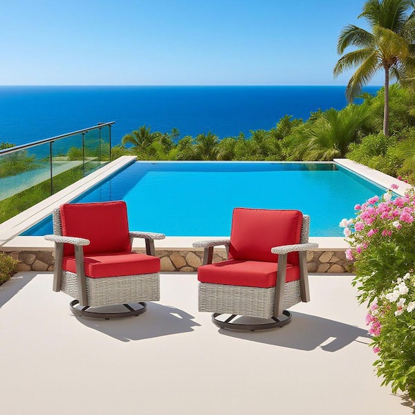 Grey Swivel Patio Wicker Chair Outdoor Rocking Chair Set with Red Thick Cushions for Porch, Balcony, Deck(2-Pack)