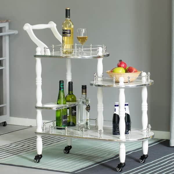 FABULAXE Wood Serving Bar in Silver, White and Gray with 3-Tier Shelves and Rolling Wheels Cart Tea Trolley