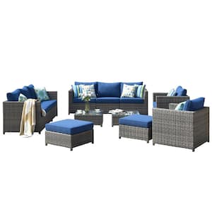 Ontario Lake Gray 12-Piece Wicker Outdoor Patio Conversation Seating Set with Navy Blue Cushions
