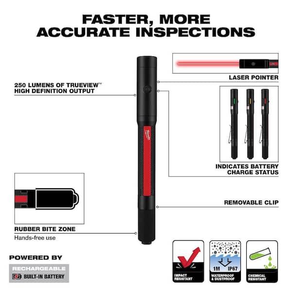 Milwaukee - 250 Lumens Internal Rechargeable Penlight with Laser