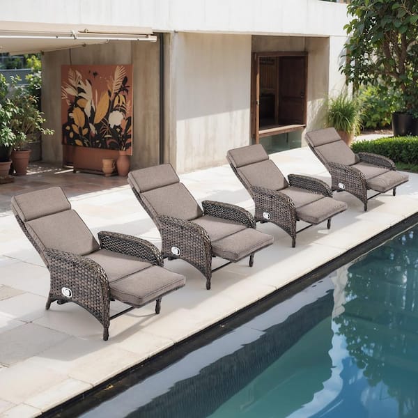 PlainCurve 4-Piece Brown Wicker Outdoor Patio Adjustable Recliner Chair with Gray Cushions