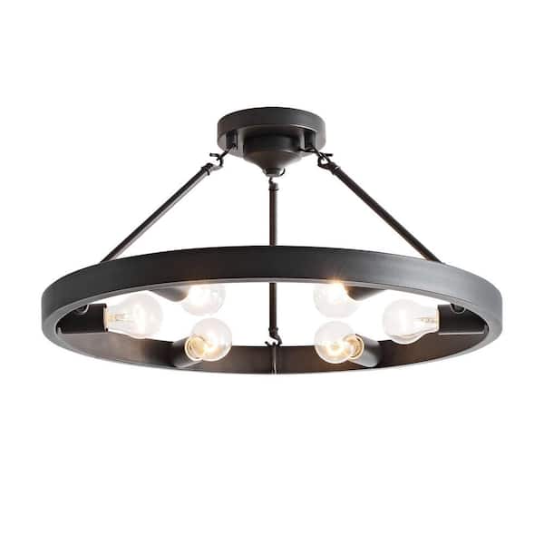 Caterina 24 in. 6-Light Metal Round Wagon Wheel Black Rustic Semi- Flush Mount