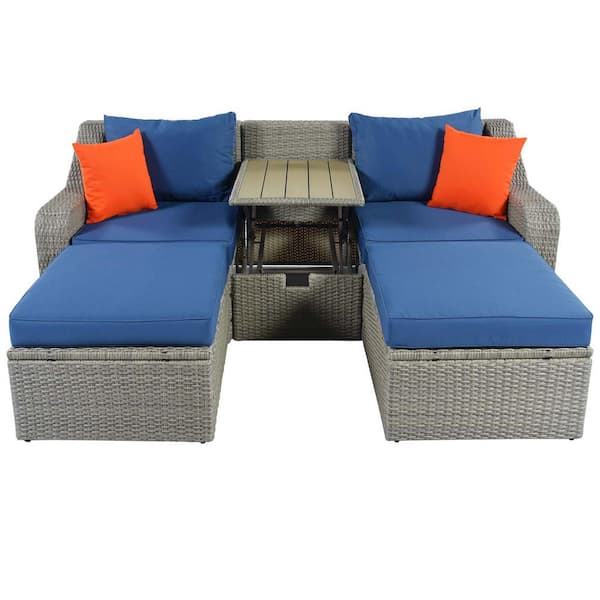Tunearary 3-Piece Gray Wicker Outdoor Sectional Sofa Set with Blue Cushions, Pillows, Ottomans and Lift Top Coffee Table