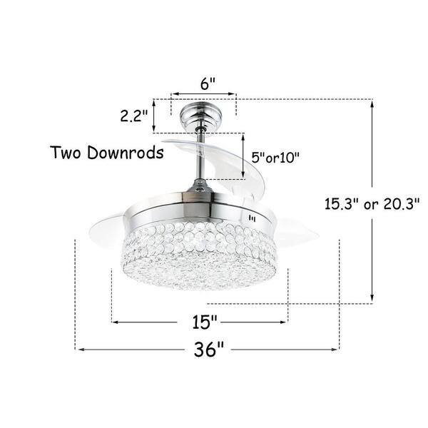 36 In Indoor Brushed Chrome Retractable Crystal Ceiling Fan With Led Light And Remote Control For Living Room Bed Bd3602 C - Euphoria 15 Wide White Led Ceiling Light