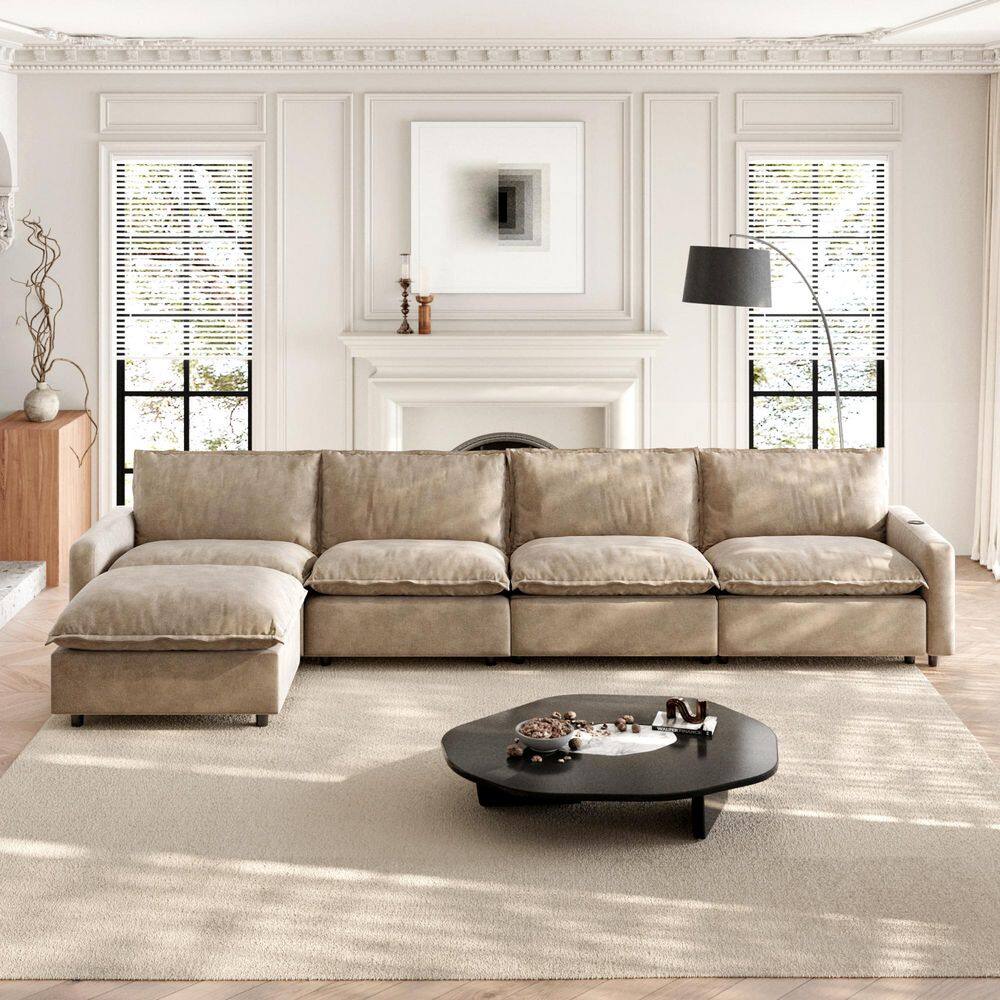 149 in. Modular Reclining Sectional Sofa, Square Arm Linen 5-Pieces Sofa with Ottomans, Heat, USB Ports in Khaki price history on PriceWatchPro