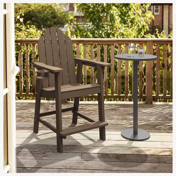 LUE BONA Linda Brown Tall Weather Resistant Outdoor Adirondack Chair Barstool With Cup Holder For Deck Balcony Pool SDPTHD23009 7 The Home Depot