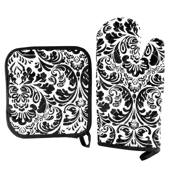 Lavish Home Quilted & Flame with Heat Resistant Oven Mitt Pot Holder Set - Black