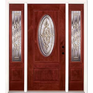 63.5 in.x81.625in.Silverdale Zinc 3/4 Oval Lt Stained Cherry Mahogany Left-Hd Fiberglass Prehung Front Door w/Sidelites