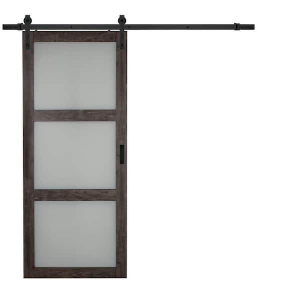TRUporte 36 in. x 84 in. Iron Age Gray MDF Frosted 3 Lite Design Sliding Barn Door with Rustic Hardware Kit