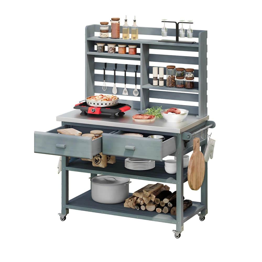 47.5 in. W x 64.9 H Grey Blue Potting Bench with Stainless Steel Top, Lo