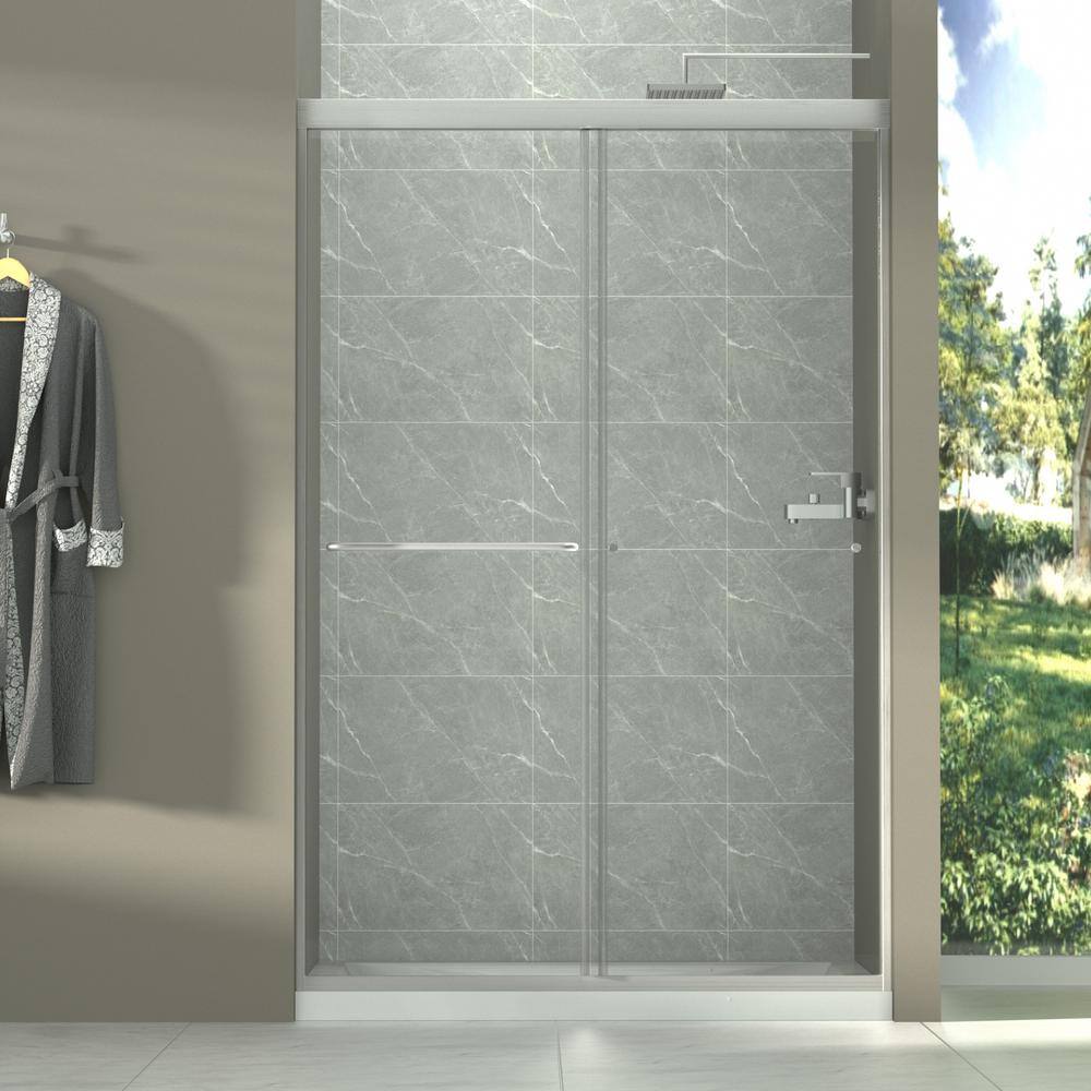Brushed Nickel Semi-Frameless Sliding Shower Door with Clear Glass