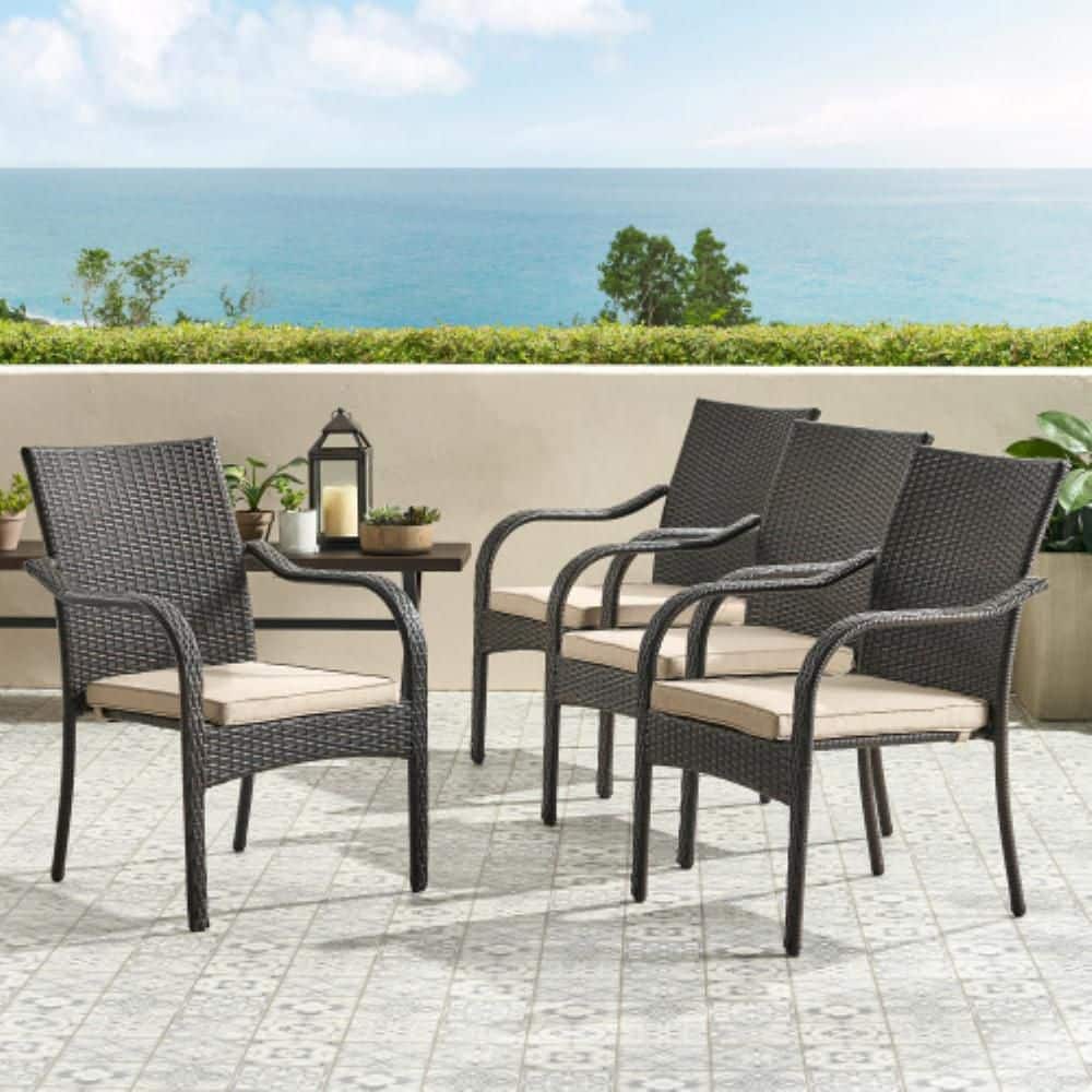 Stacking PE Wicker Outdoor Dining Chair with Iron Frame, Curved Arm Rests in Water-Resistant Brown Cushions (4-Pack) price history on PriceWatchPro