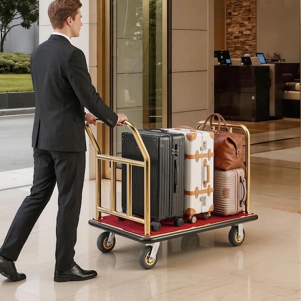Heavy Duty Hotel Luggage Cart, 750 lbs. Capacity, Stainless Steel Frame, Red Carpeted Platform, 6 in. Wheels for Resorts