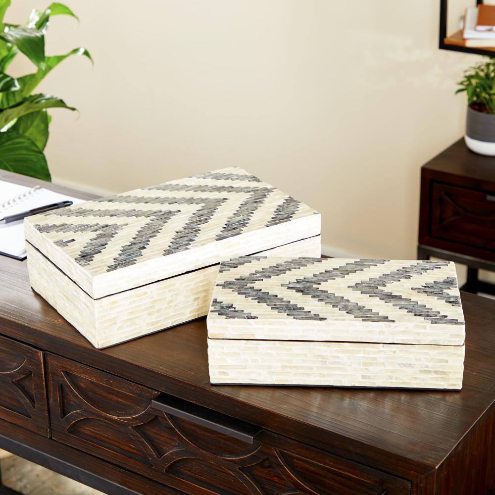 Cream Chevron Pattern Mother of Pearl Decorative Box Set, 14" and 12"