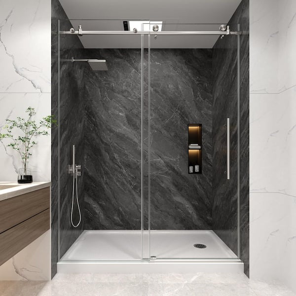 55 in. - 60 in. W x 76 in. H Frameless Sliding Shower Door in Brushed Nickel with 1/4 in. Clear Glass