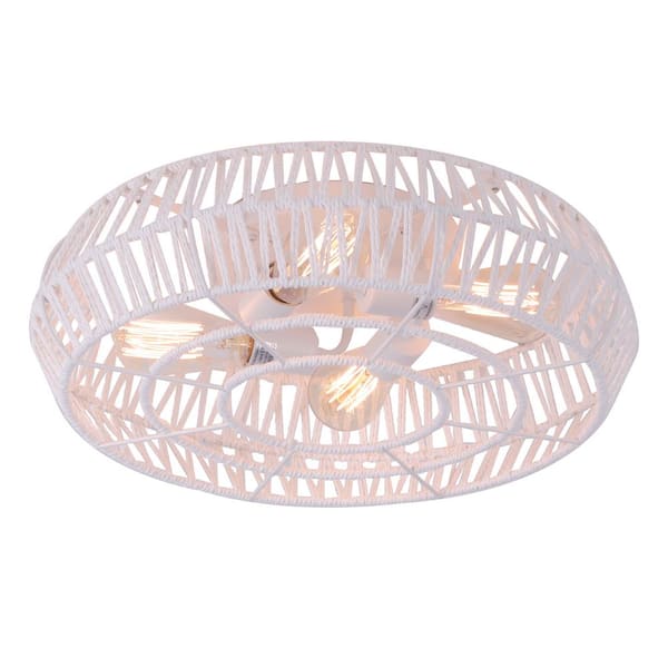Keazile 19 in. 4-Light Matte White Bohemian Flush Mount Ceiling Light with Rattan Shade for Living Room, Small Bedroom
