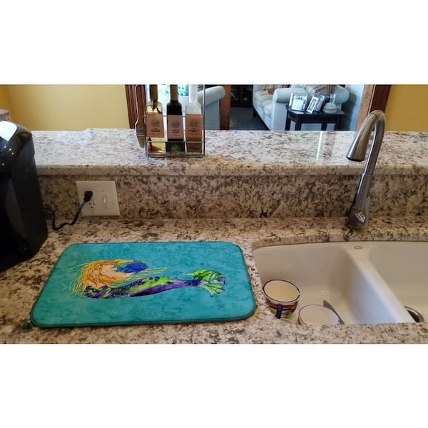 Caroline's Treasures 14 in. x 21 in. Multicolor Blonde Mermaid on Teal Dish Drying Mat