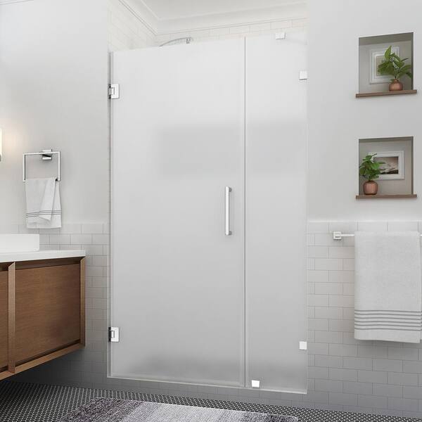 Aston Nautis XL 44.25 - 45.25 in. W x 80 in. H Hinged Frameless Shower Door in Stainless Steel with Ultra-Bright Frosted Glass