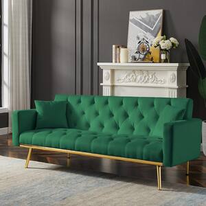 73.2 Green Velvet Upholstered Button-Tufted Twin Size Loveseat Convertible Folding Futon Sofa Bed with 2-Pillows