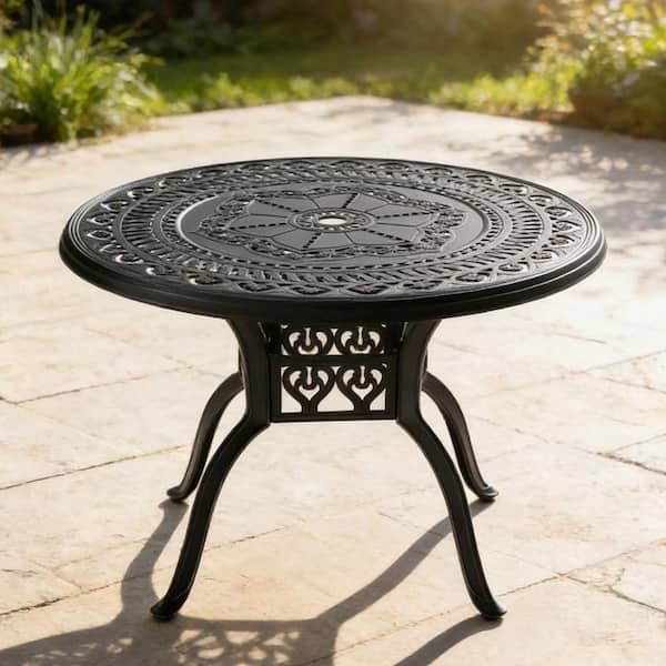 39.37 in. Black Frame Cast Aluminum Patio Dining Table With Umbrella Hole