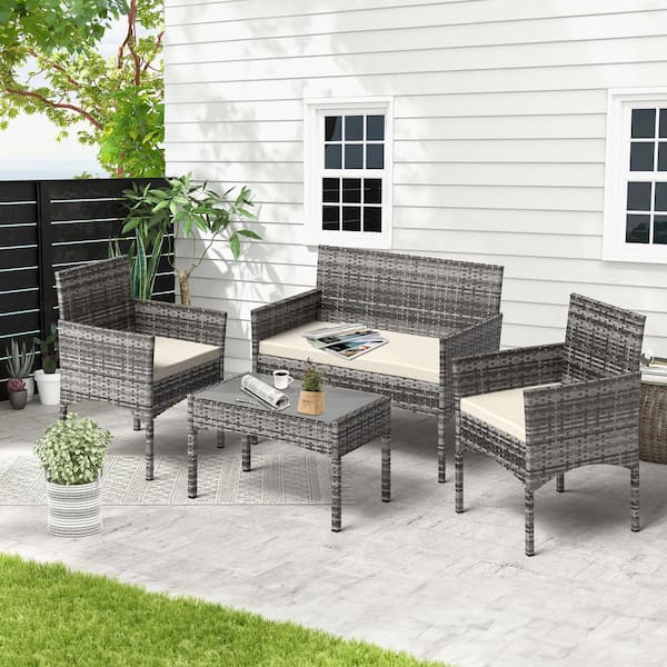 Unbranded 4-Piece Wicker Patio Conversation Set, Outdoor Furniture Set, Patio Table and Chairs with Beige Cushions, Gray