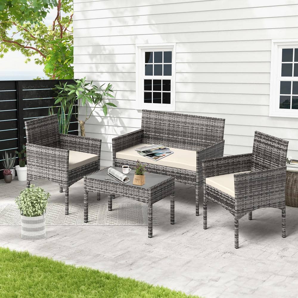 4-Pieces Wicker Patio Conversation, Outdoor Patio Furniture Set, Patio Tabl