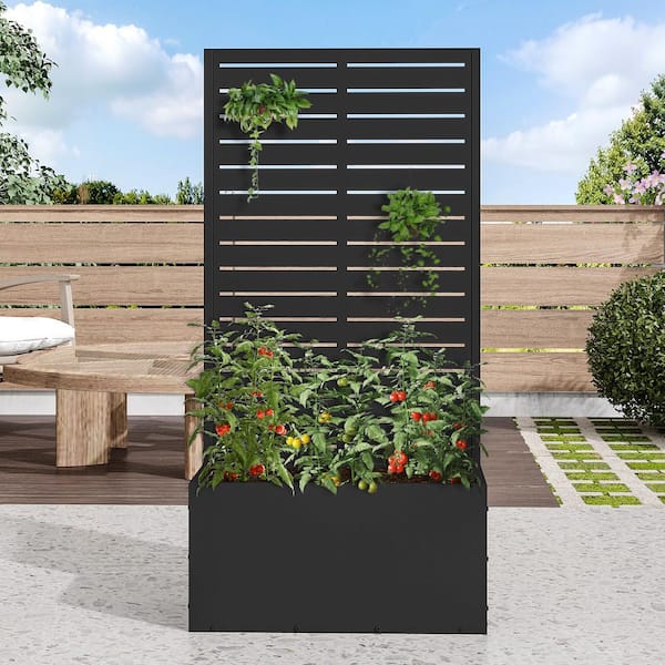 47 in. H x 24 in. W Rectanglar Black Outdoor Metal Privacy Screen Planter Box Wall Decor in Louvered Pattern