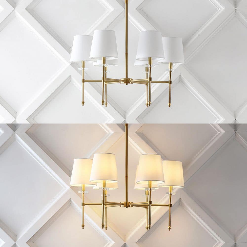 Cillian 27" Satin Gold Brass 6-Light LED Chandelier with White Fabric Shades