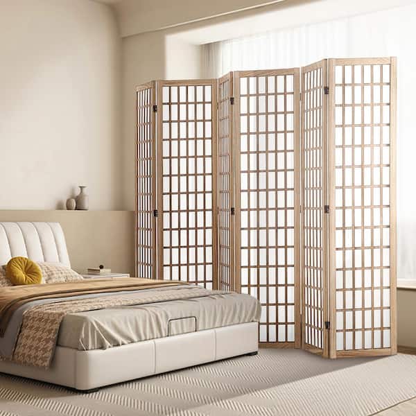 6-Panel Wooden Room Divider, Japanese Folding Privacy Screen, Portable Partition for Home, Office, Bedroom Wood