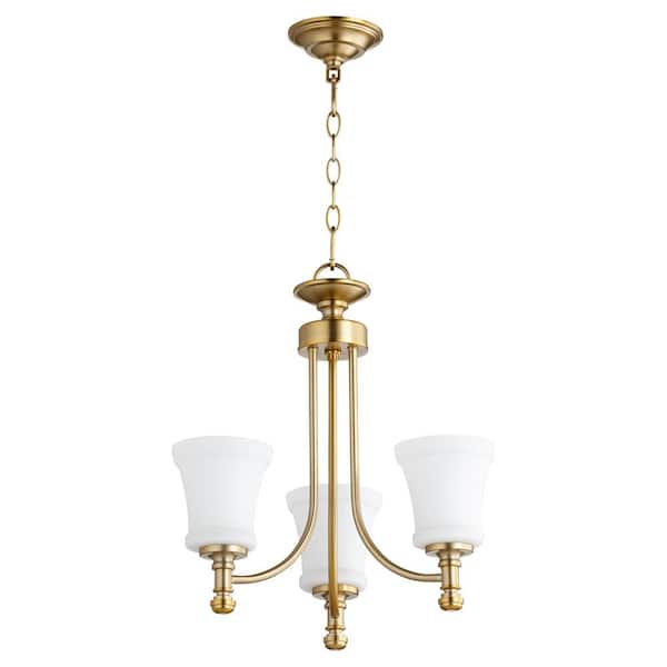 Quorum INTERNATIONAL Rossington 3-Light Aged Brass Chandelier with Satin Opal Glass