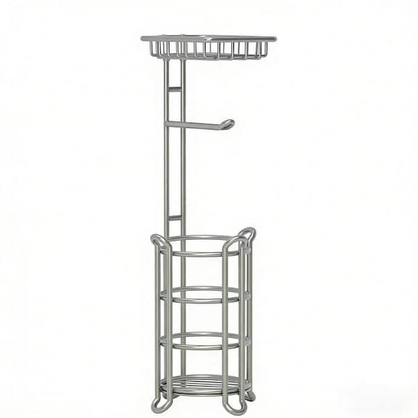 Free-Standing Toilet Paper Holder Stand with Storage Shelf in Silver, Holds Reserve Mega Rolls for Restroom Vanity