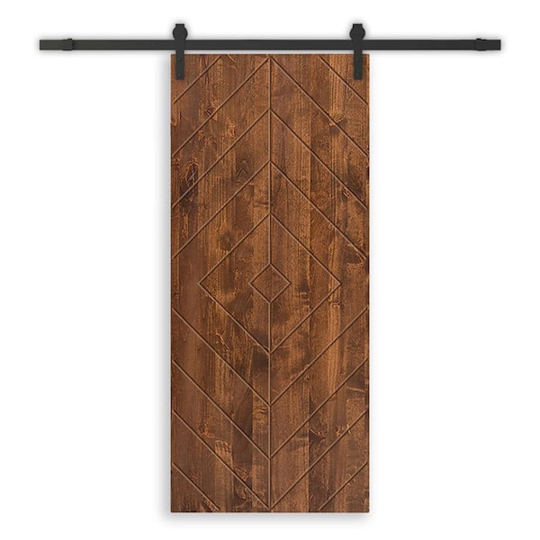 CALHOME Diamond 30 in. x 80 in. Fully Assembled Walnut Stained Wood Modern Sliding Barn Door with Hardware Kit