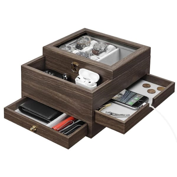Unbranded Men's Watch and Jewelry Box Organizer with Glass Lid, Brown, 10.2 in. x 8.7 in. x 5.7 in.
