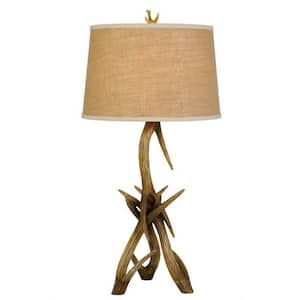 33.25 in. Brown Lodge Integrated LED Bedside Table Lamp with Brown Burlap Shade