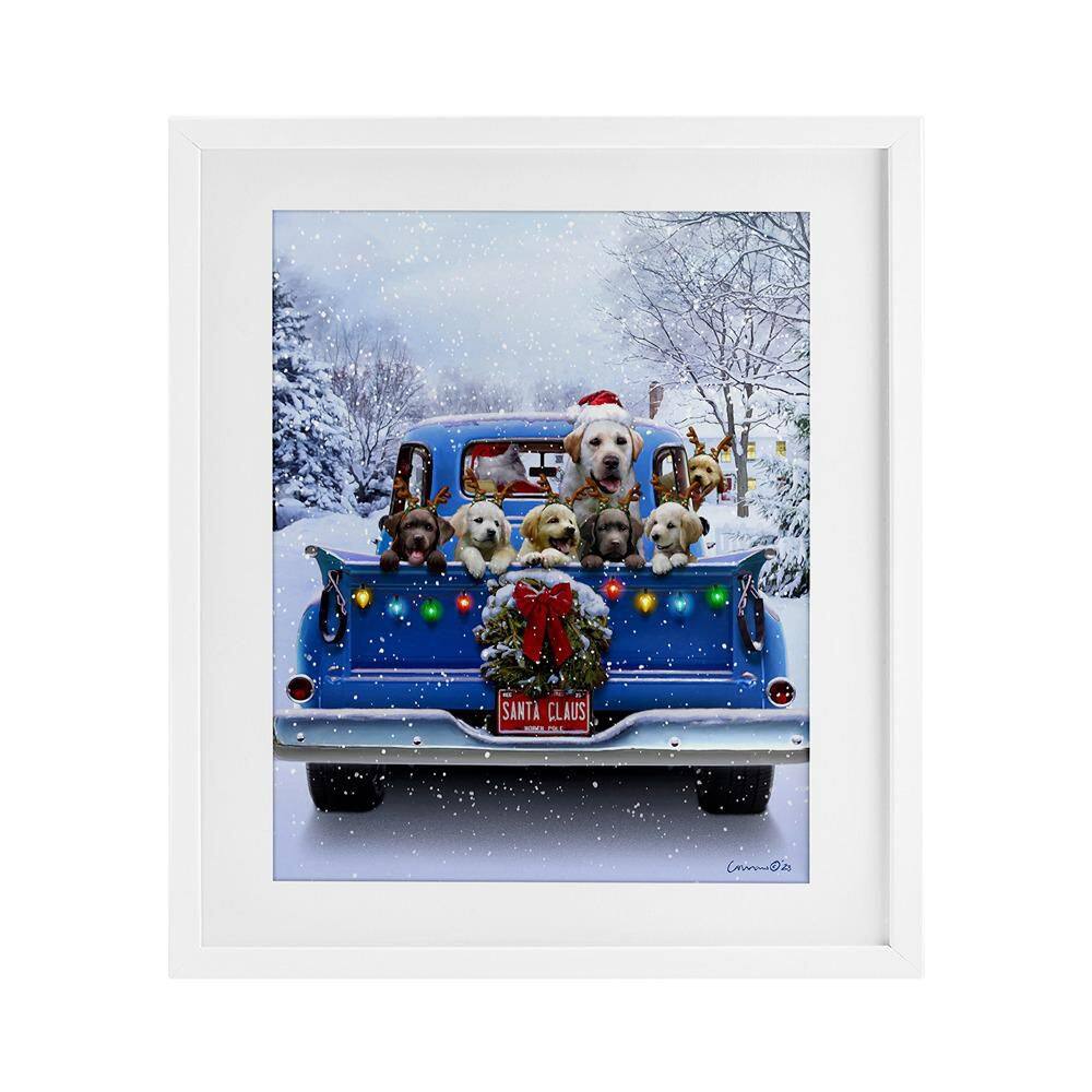 Christmas Tailgate Dog Truck by Chris Consani 1 Piece White Framed Graphic Religious Art Print 16 in. x 13 in. price history on PriceWatchPro