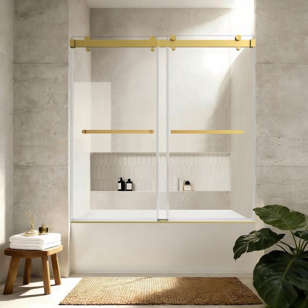 Aureum Series 56 - 60 in. W x 66 in. H Double Sliding Bathtub Door in Brushed Gold with 3/8 in. Clear Glass