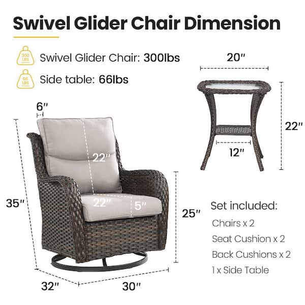 Luxury 3-Piece Brown Wicker Patio Conversation Set with Olefin Beige Cushions and Swivel Gliders/Side Tables