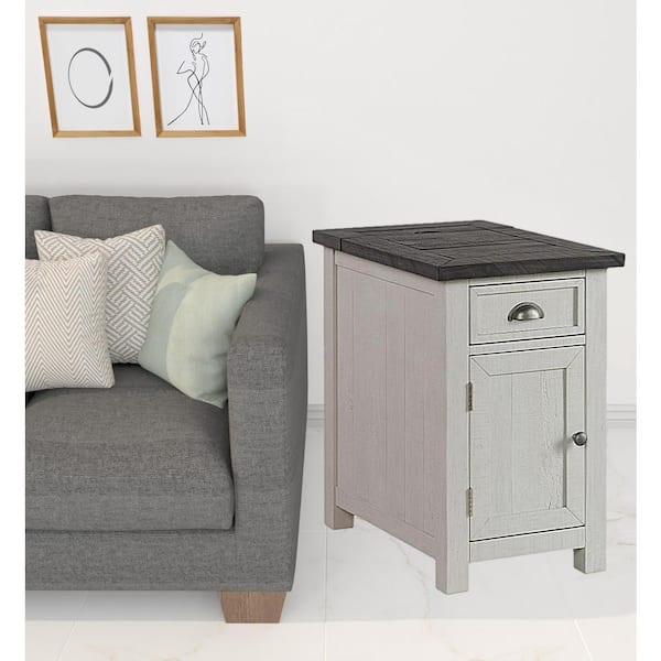 HomeRoots Charlie 16 in. Gray and White Rectangle Wood End Table with Drawers