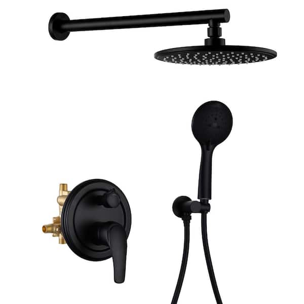 Aurora Decor Pomelo 5-Spray Patterns with 9 in. Wall Mount Dual Shower Heads with Pressure Balance Round-in Valve in Matte Black