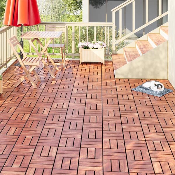 YOFE 1 ft. x 1 ft. Acacia Wood Interlocking Deck Tiles in Brown, Indoor Outdoor Checker Pattern Floor Tiles (10 per Case)